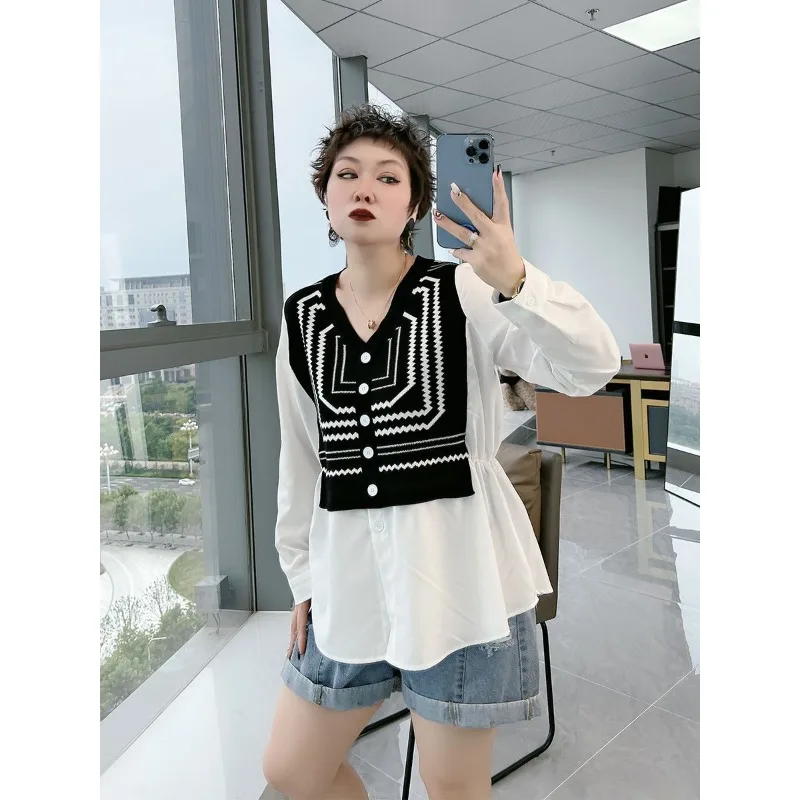 

Весенняя мода, тренд с v-образным вырезом, женский искусственный комплект из двух предметов, осенне-зимний новый предмет, контрастный вязаный свитер, универсальный элегантный топ