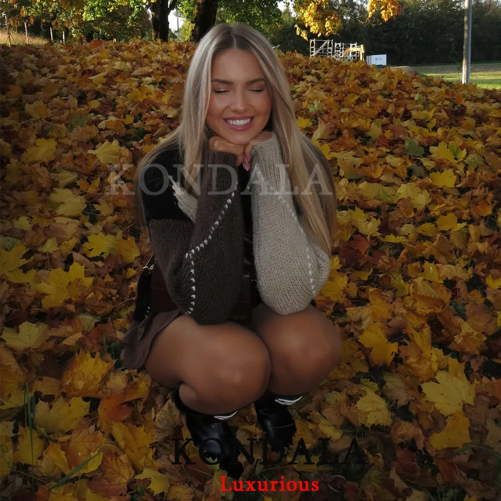 KONDALA سترات نسائية متماسكة منقوشة عتيقة بأكمام طويلة ورقبة دائرية فضفاضة وسميكة موضة خريف وشتاء 2025 سترات سميكة ودافئة