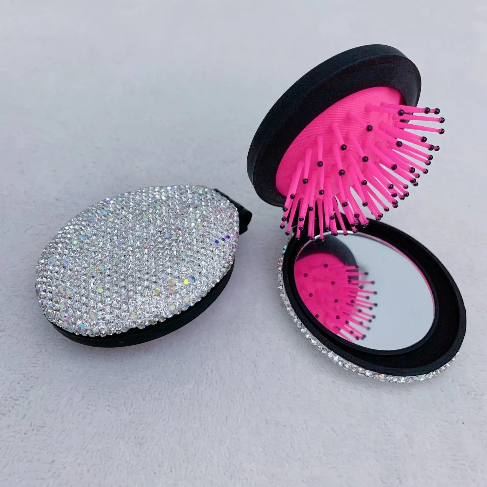 Mini Portable Folding Comb Mirror Diamond Air Cushion Bling Rhinestone Cosmetic Travel Pocket Hair Brush Sparkling Makeup Tool