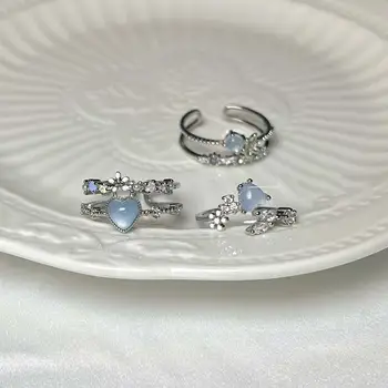 時尚藍色蛋白石心型戒指,女款,韓流龐克哥德風,鏤空花朵水鑽戒指,婚禮派對潮流女孩飾品 10 最佳銷售 藍色蛋白石 - №2