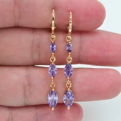 Gold Color Royal Purple Marquise Cubic Zirconia Women Fashion Linear Earrings