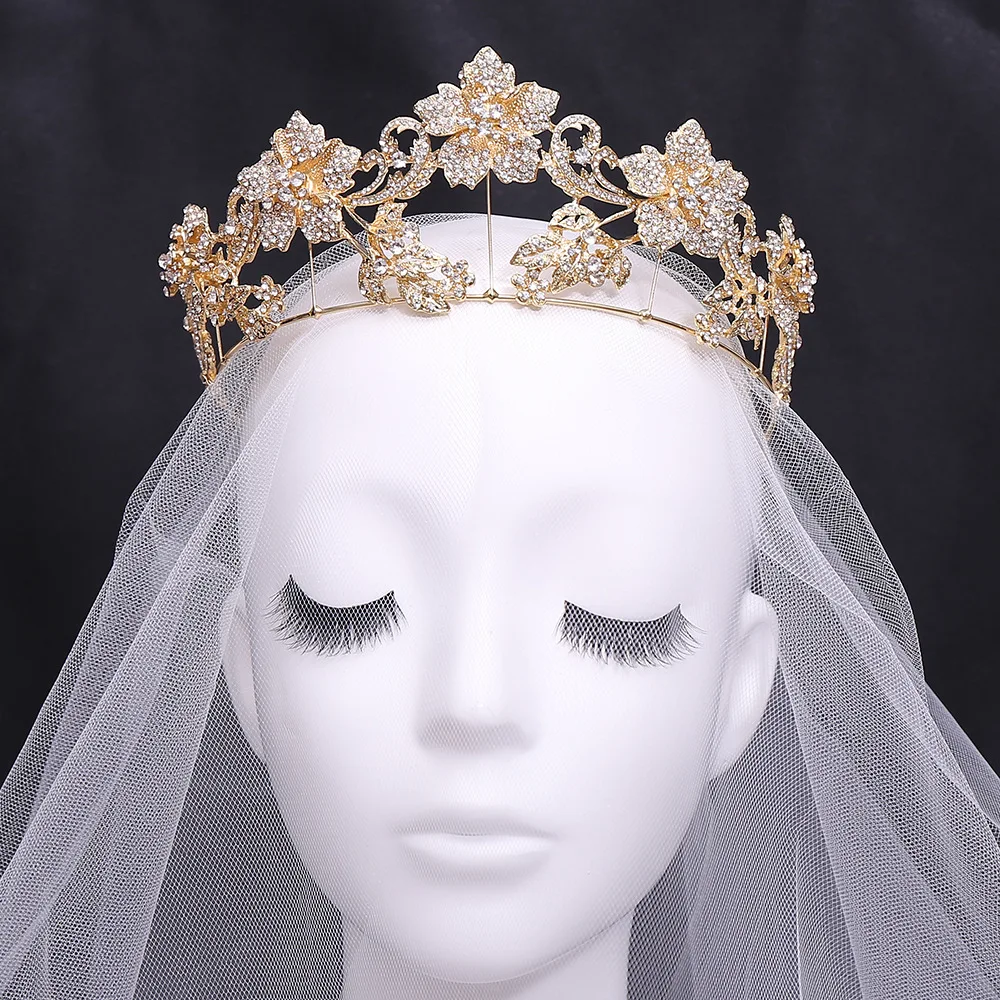 خمر الباروك عصائب الذهب اللون كريستال الزهور الزفاف التيجان تاج Noiva خوذة الزفاف الشعر مجوهرات حجر الراين الإكليل
