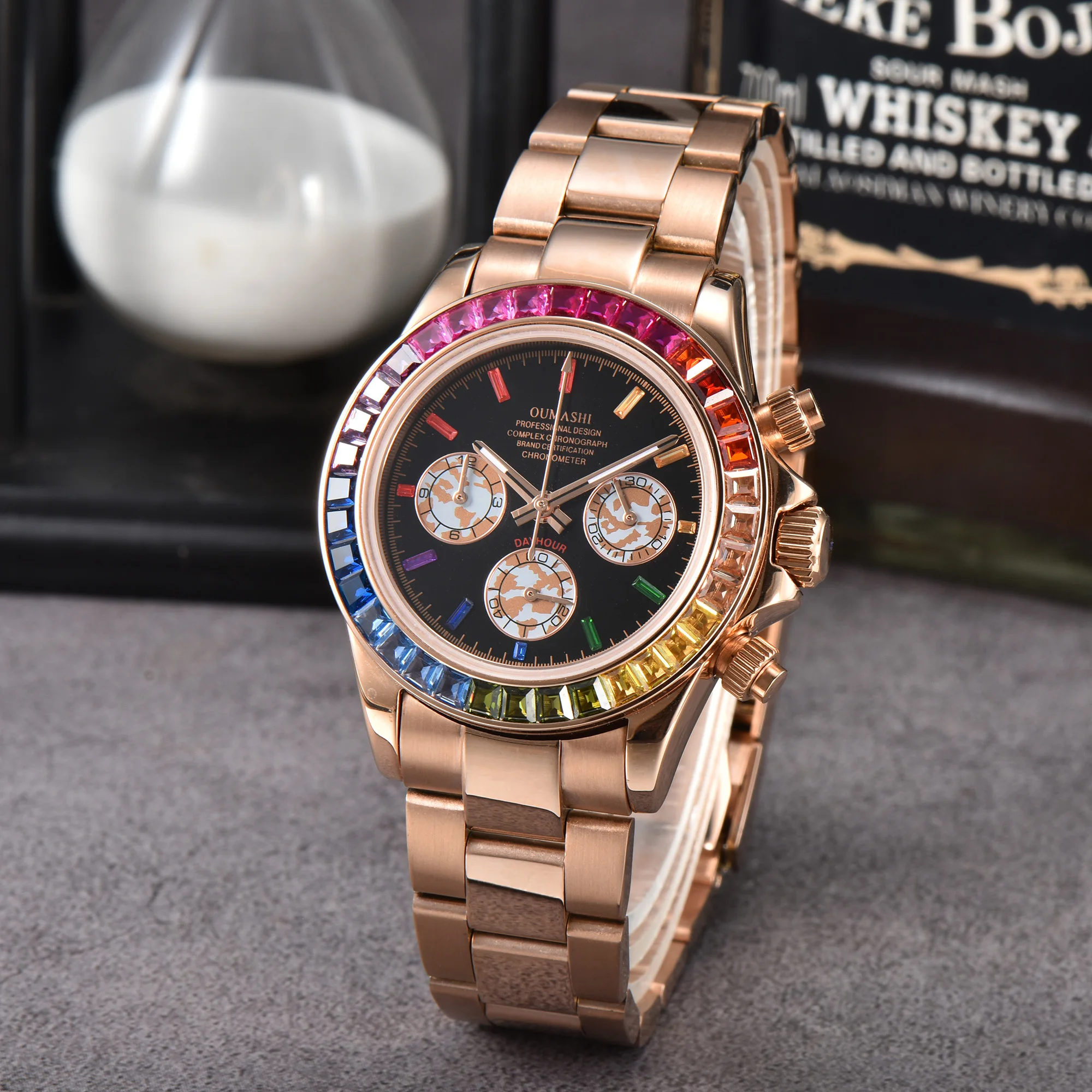 40mm Rose gold Men's Quartz Watch Rainbow Watch Sapphire Luxury Chronograph Stainless Steel Waterproof Men's Watch vk63 movement