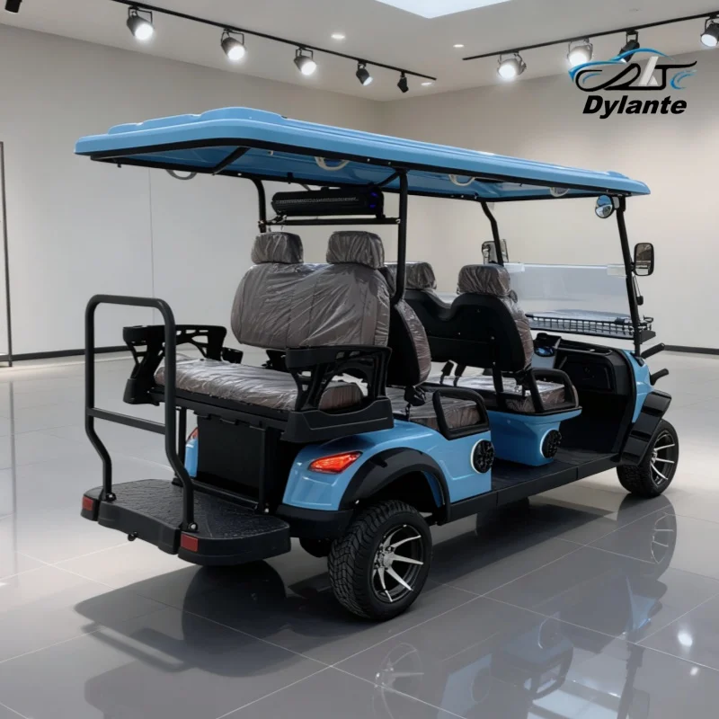 Carros de golf eléctricos 4 pasajeros Proveedor confiable de China Plegable el parabrisas Espejo lateral del neumático todoterreno con luz giratoria