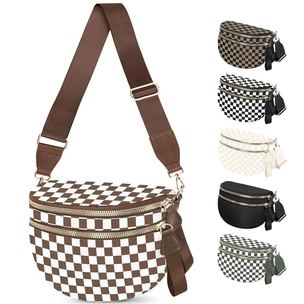 

Просторная нейлоновая сумка-кроссбоди в клетку для женщин, модная поясная сумка в клетку с карманом против кражи, регулируемая.