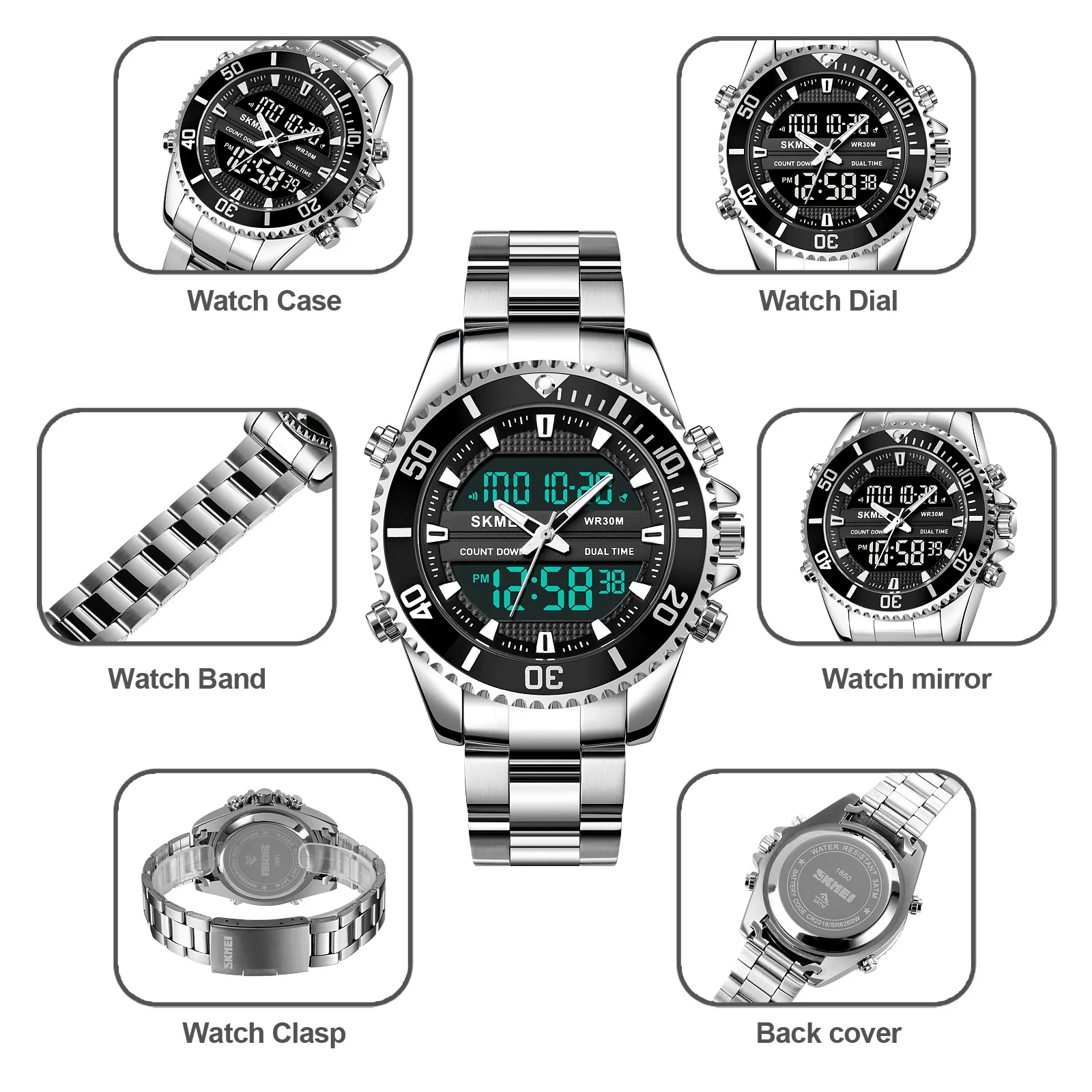 SKMEI Top Brand Stainless Steel Casual Fashion Digital Watches Mens 3 Time 30M Waterproof Simple Wristwatch Male reloj hombre