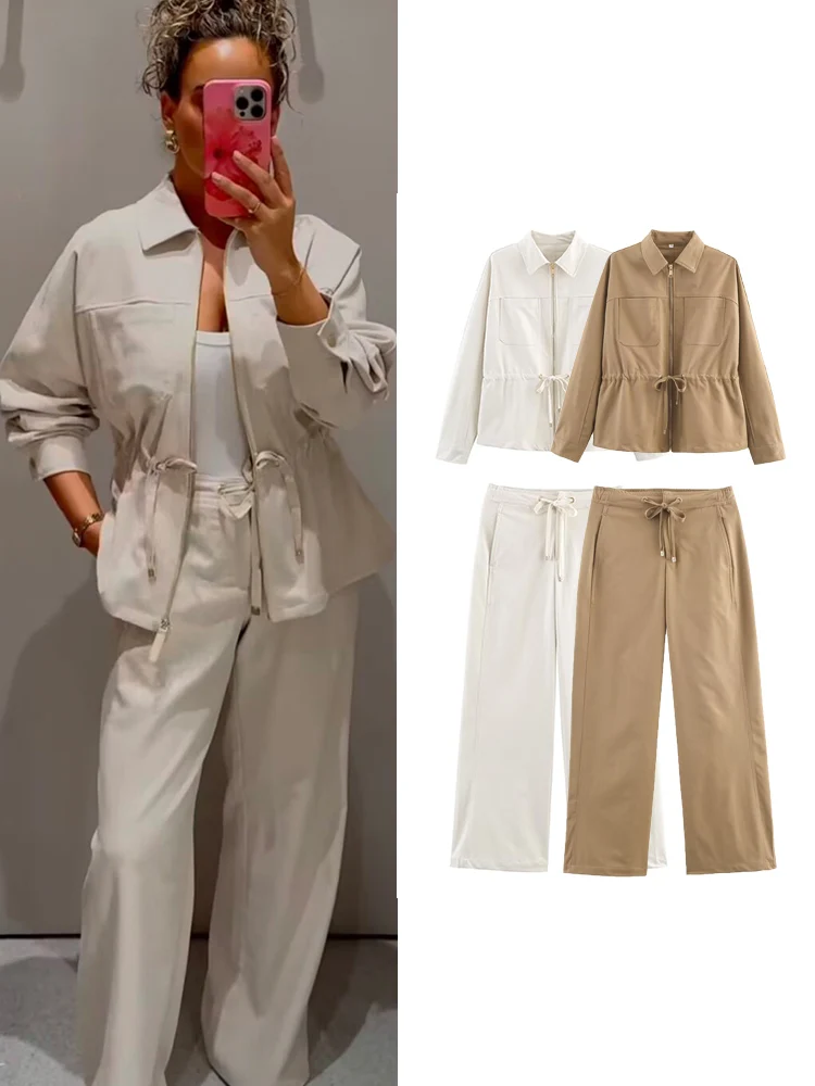 Women's Pants Sets 2 Pieces High Waist Casual Straight Leg Trousers Woman Outfit Long Sleeve Pockets Zipper Coat Solid Suit