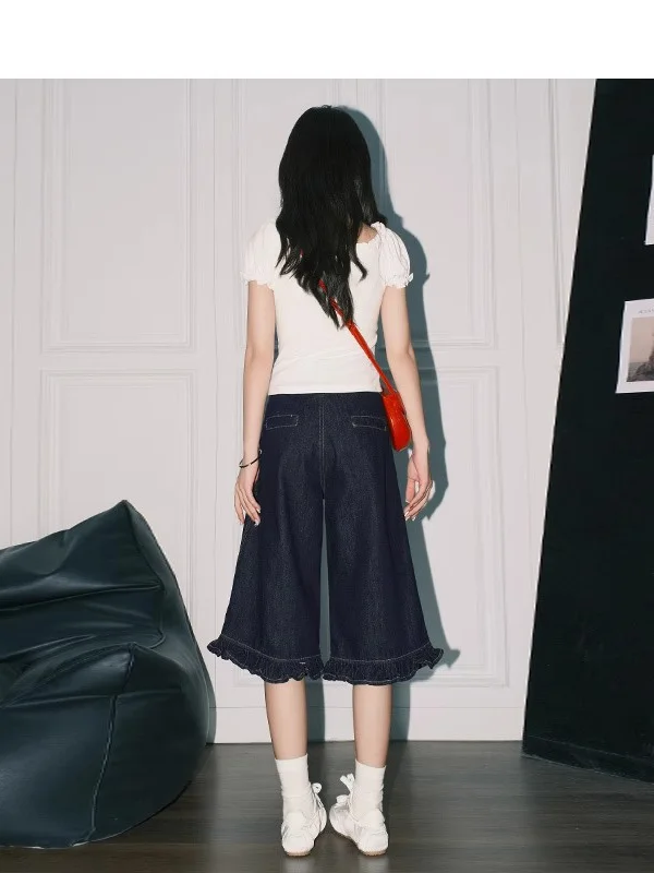 

Summer New Women's Wide Leg Straight Cut Jeans High Waist Seven-Foot Long Design Sense Lotus Le Loose Large Size