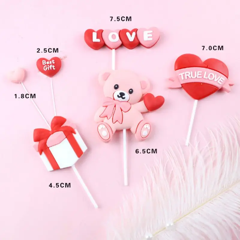 

6pcs Cute Pink Bear Love Letter Red Heart Decorations Cake Ornaments Insert Cards Festive Party Wedding Proposal Valentine's Day