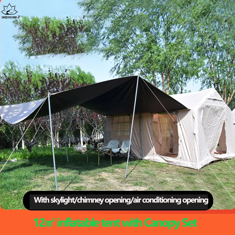 New 12 ㎡ Inflatable Tent with Canopy Set Two Bedrooms Flysheet for 4~6 People Hiking Camping Sun & Rain Protection Marquee