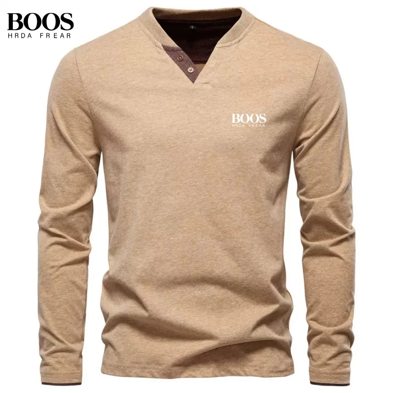Spring and Autumn Men's High-Quality Pure Cotton Long-Sleeved V-Neck T-Shirt