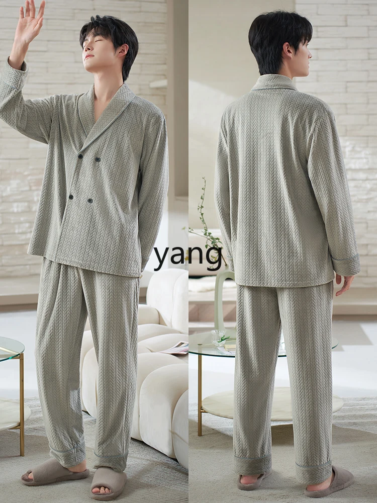 LMM new Chinese pajamas men's autumn and winter fleece thickened long-sleeved island fleece coral fleece home