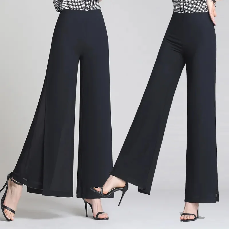 2025 New Summer White Drape Chiffon Wide-Leg Pants Casual Chiffon Trousers Pants Women Clothing Loose High Waist Slim Skirt