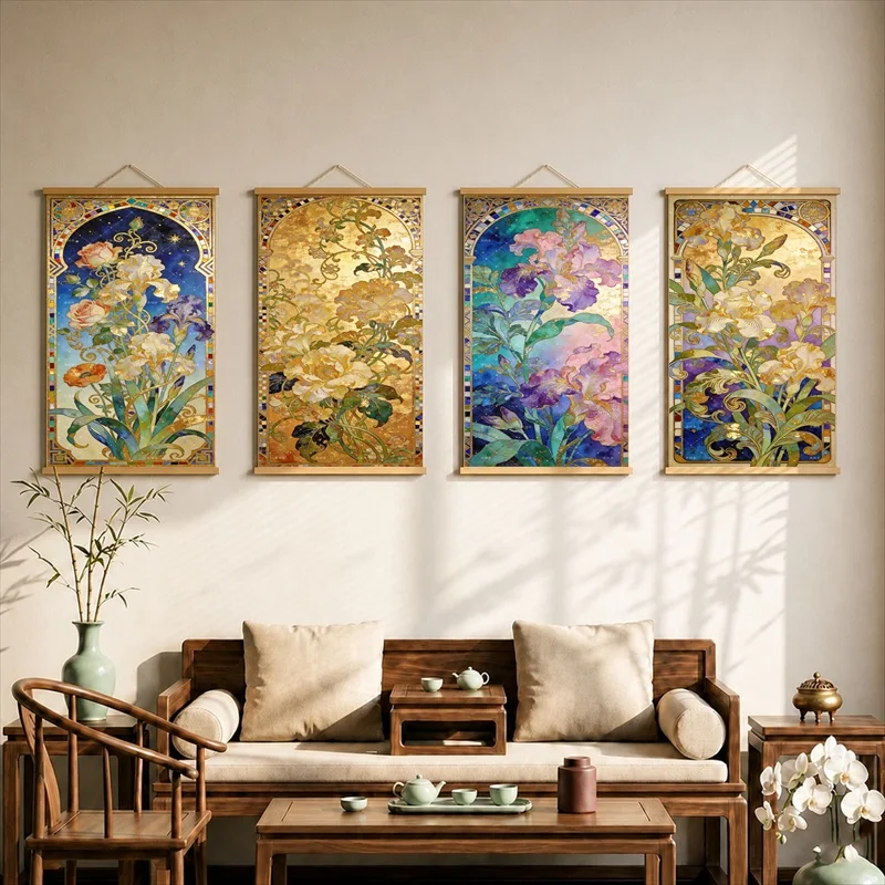 Wall Decorations Golden Floral Archway Corridor, Art Nouveau Pearlescent Canvas Wall Hanging Scroll for Bridal Boutique Interior