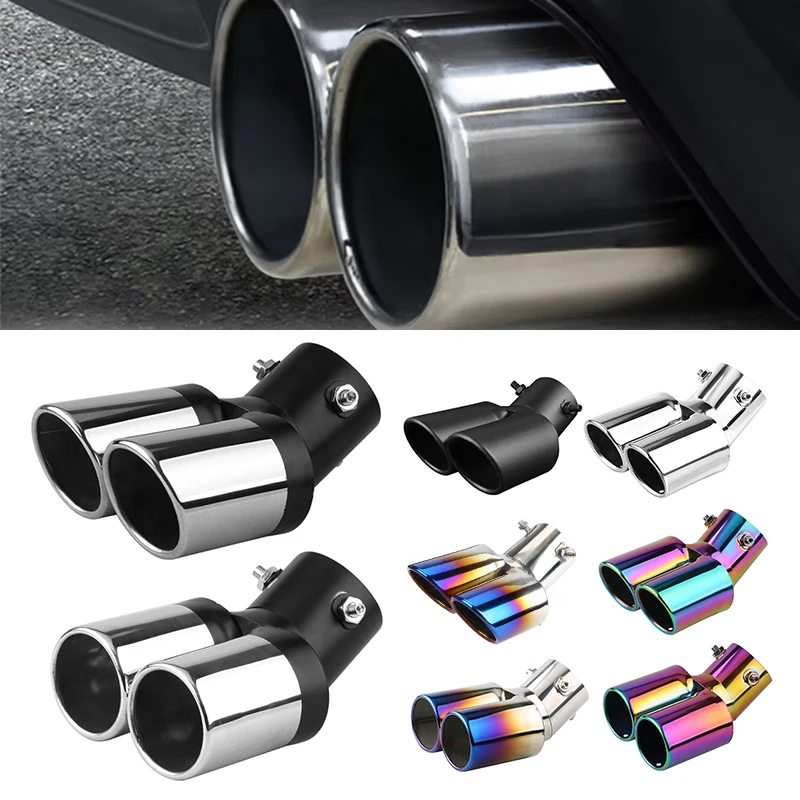 1PCS Universal 63MM Inlet Double-tube Curved Tailpipe Muffler Tip Stainless Steel Dual Trim ModifiedCar Rear Tail Throat Liner