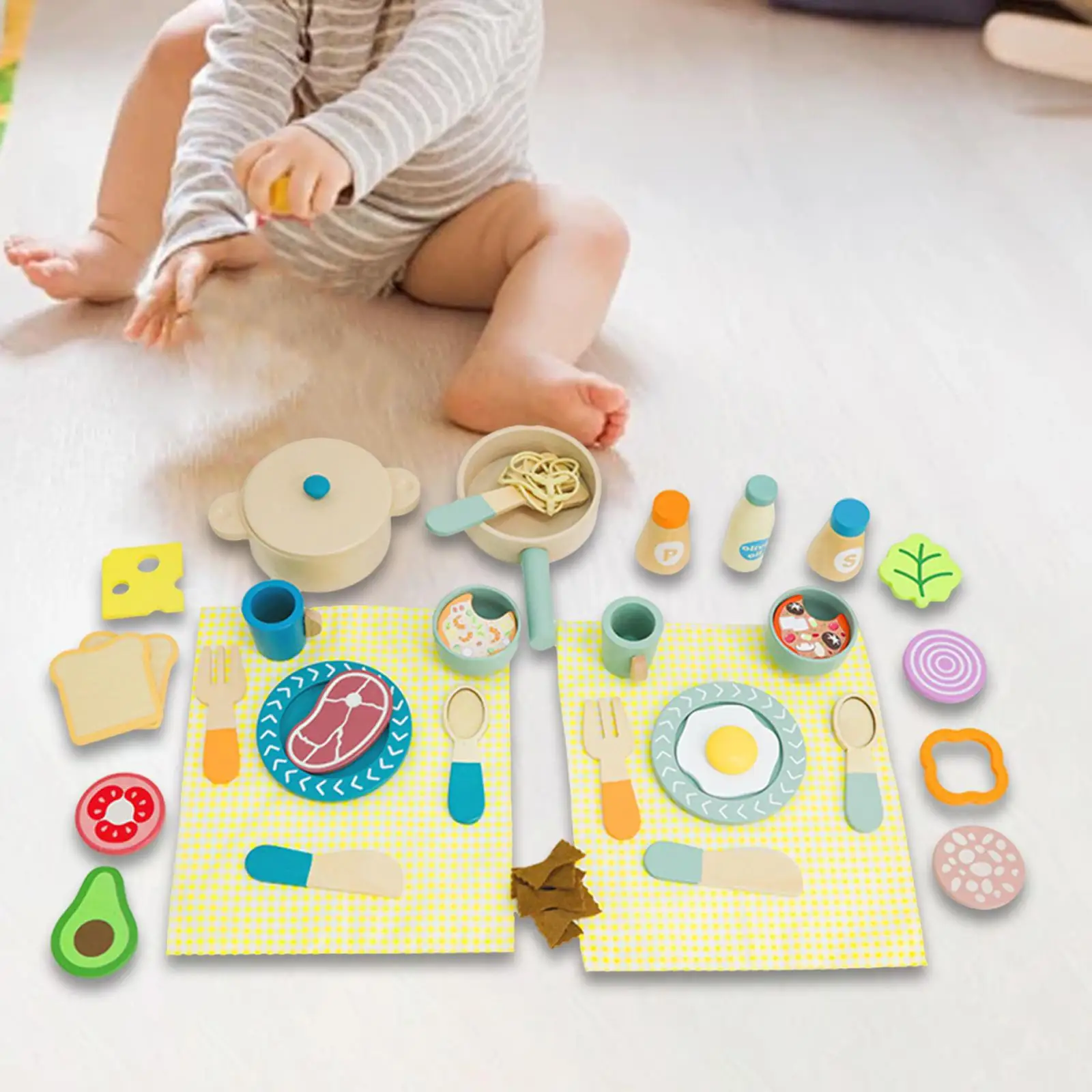 

Wooden Play Cooking Set Pot Toddlers Play Kitchen Toys for Classroom Activity