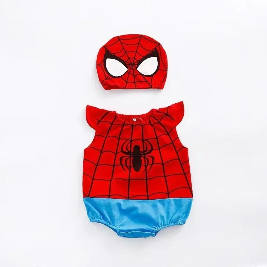 Summer Baby Romper Hat Sets Kid Toddler Newborn Boys Cartoon Mickey Minnie Spiderman Captain America Print Infant Girl Jumpsuits