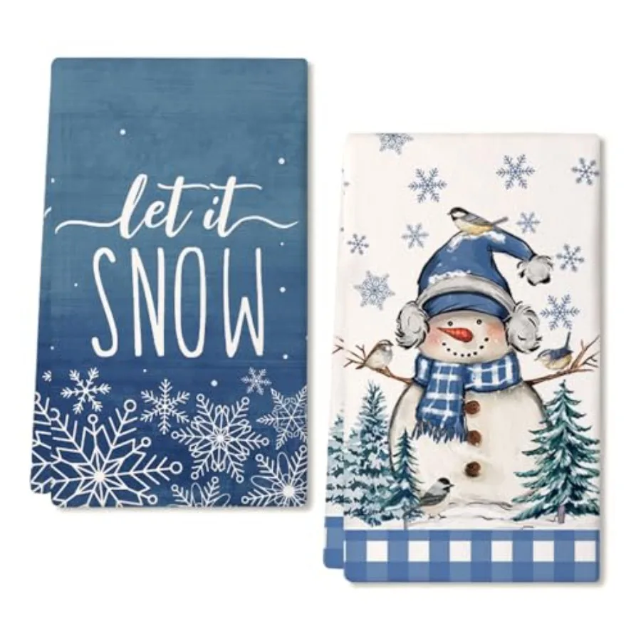 

Зимние кухонные полотенца «Снеговик», набор из 2 синих рождественских елок, птиц, снежинок, полотенца для рук Let It Snow Dish, праздничных и дома, в помещении, Bathr