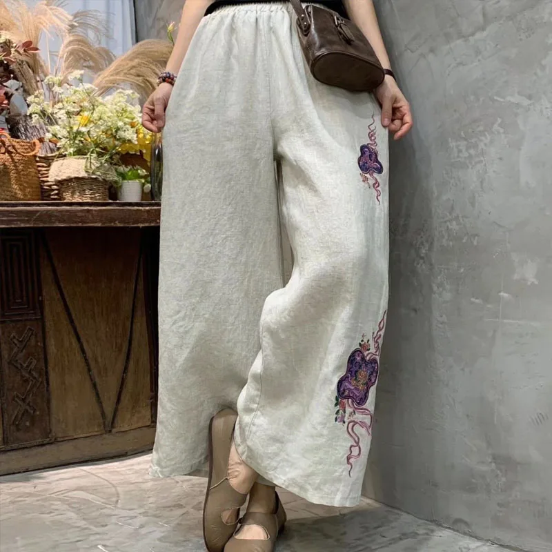 

Fashion Chinese Style Trend Vintage Embroidery Straight Leg Pants Women Summer Loose Casual Wide Legs All-match Cropped Pants