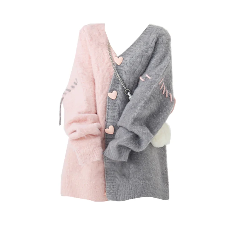 Autumn Contrast Color Patchwork Women Cardigan Aesthetic Mohair Loose Grunge Sweet Knitted  Chic Fashion Jumpers