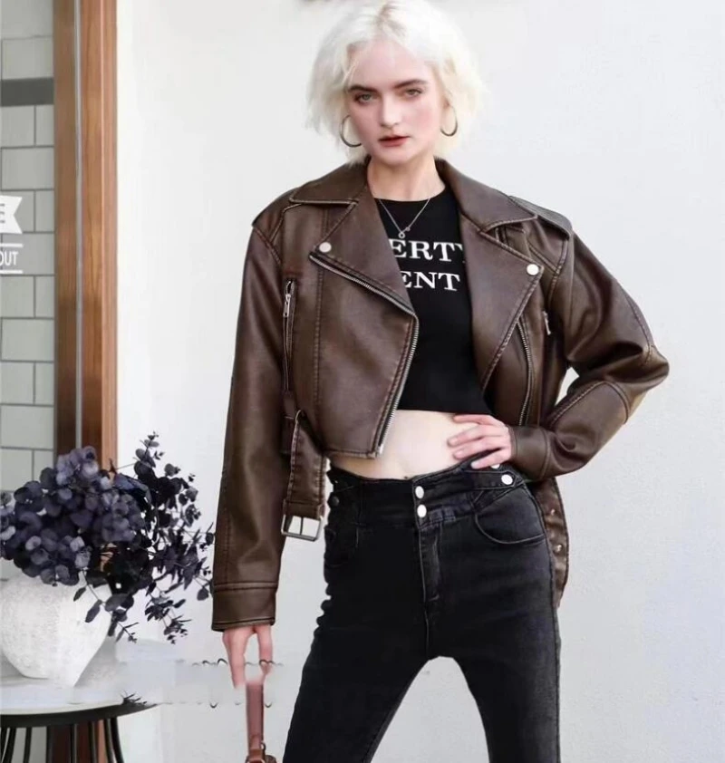 Women Oversized Vintage Loose Pu Faux Leather Short Jacket with Belt Streetwear Female Zipper Retro Moto Biker Coat Outwear