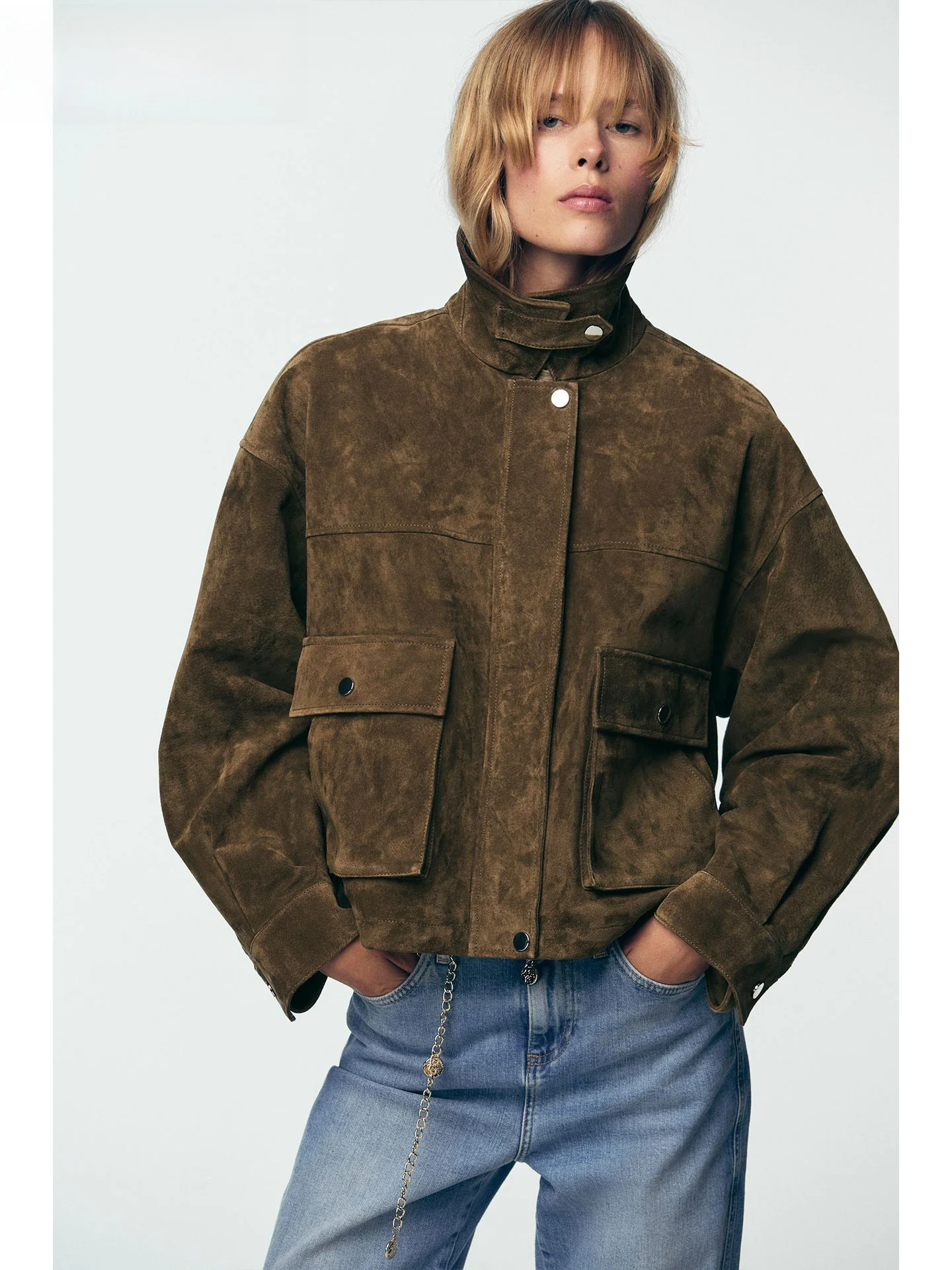 ZAPRHA 2025 Autumn Faionable Leather Pilot Collar Long Sve Jaet Outerwear Versatile Women's Casual Sle ort Coat