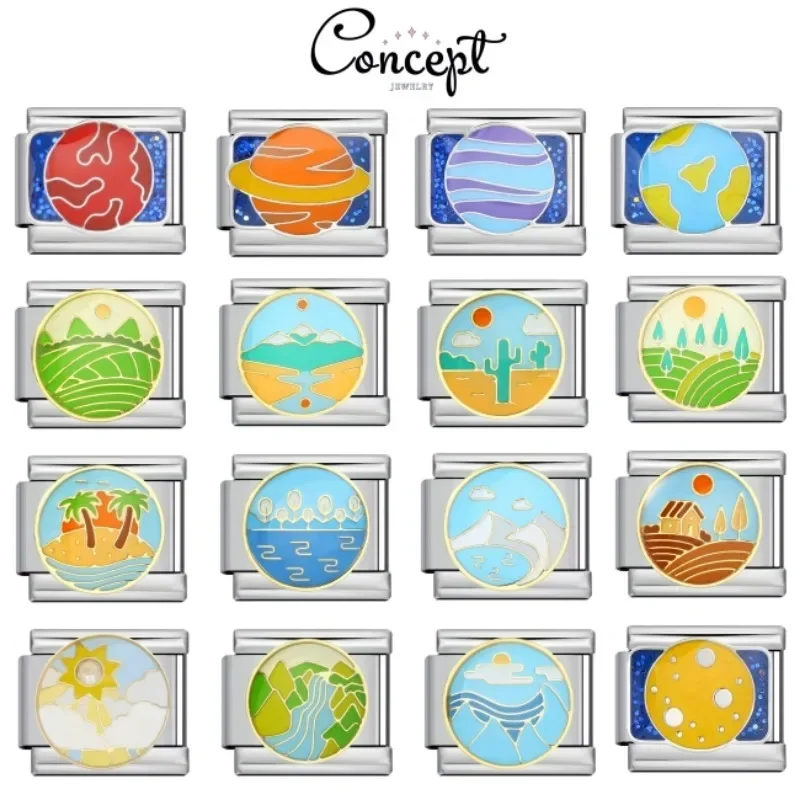 

2025 New Fashion Planet Landscape Pattern Gift Italian Charm Links Fit 9mm Elastic Modular Stainless Steel Bracelet Jewelry