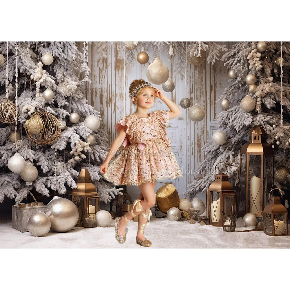 Winter Christmas Backdrops Photography Golden Xmas Ball Decor Snowy Pine Tree Background Photography Props Kids Photozone Studio