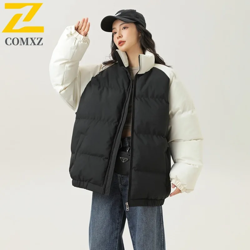 COMXZ New Men Cotton Coat Stand Collar Trendy Hooded Color Block Thickened Warm Jacket Waterproof Loose Lightweight Outerwear