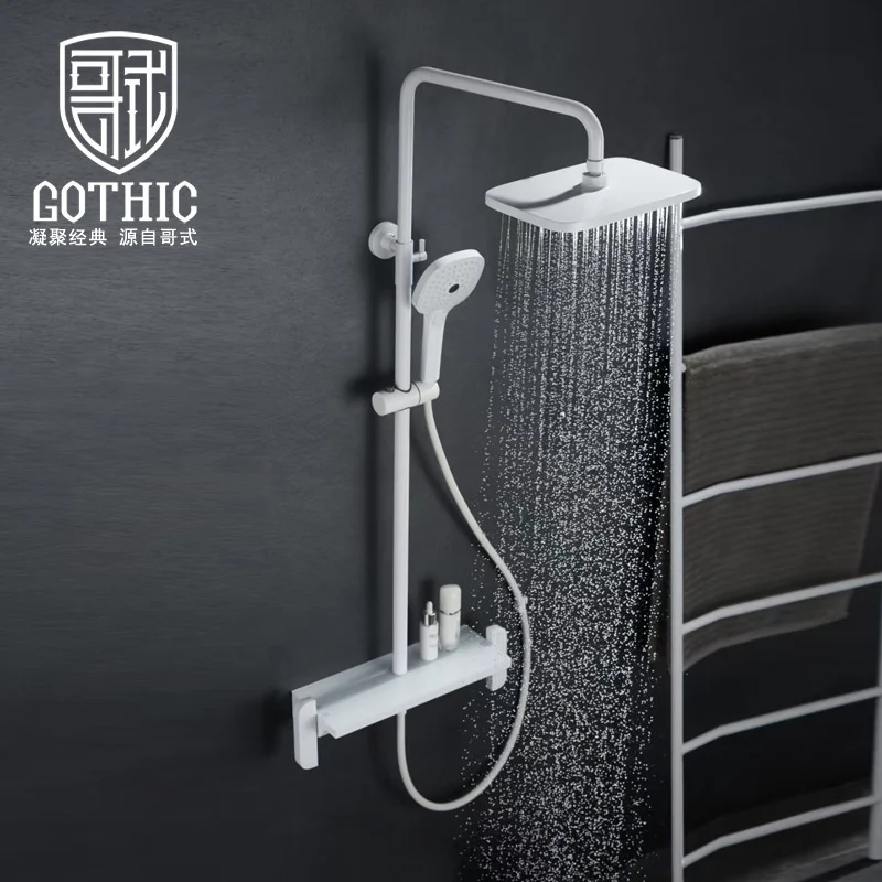 Gothic Bathroom Shower Set Brass Hot and Cold Water Mixer Tap Faucet Black White Shower Tempered Glass Storage Shower System