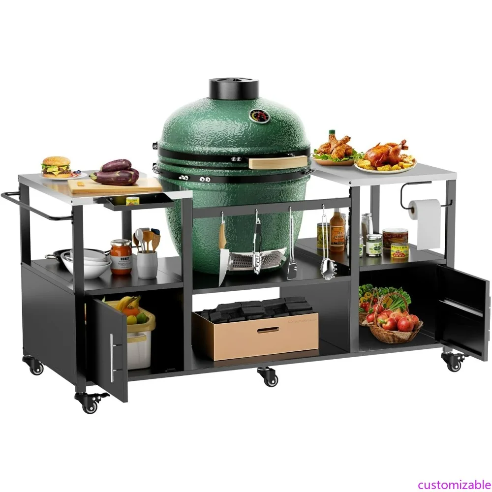 

Металлическая тележка для барбекю большой емкости с местом для хранения большого зеленого яйца и грилей Камадо