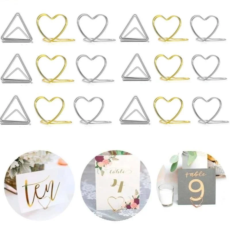 30Pcs Metal Memo Holder Heart Triangle Table Place card Holder Photo Clip Card Stand Wedding Banquet Message Holder