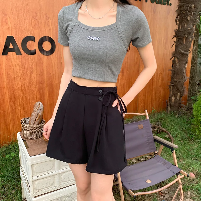 Casual High Waist Shorts Women Summer Lace Up Button Shorts Korean Fashion Office Lady Elegant Female Femme Short Pants Women