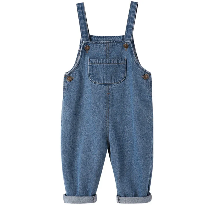 Fall Spring Denim Baby Girl Boy Overalls Solid Jeans Jumpsuit Pocket Children Casual Loose Rompers Blue Kids Overalls Outfits