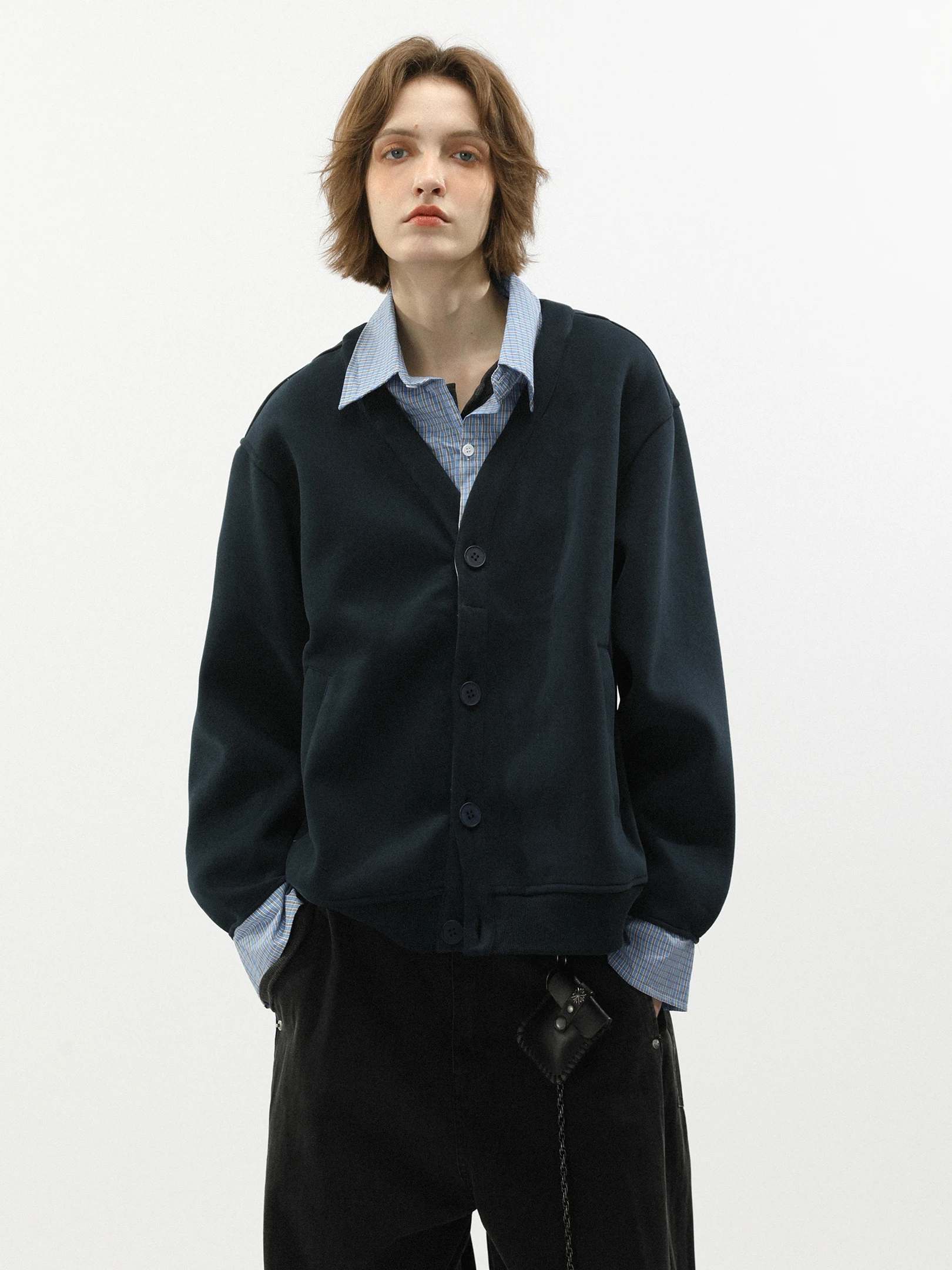 

American Retro Loose Casual Sweatirt Cardigan Jaet for Couples Vintage Fake Two-Piece Breathable Wear-Resistant Cotton Po...