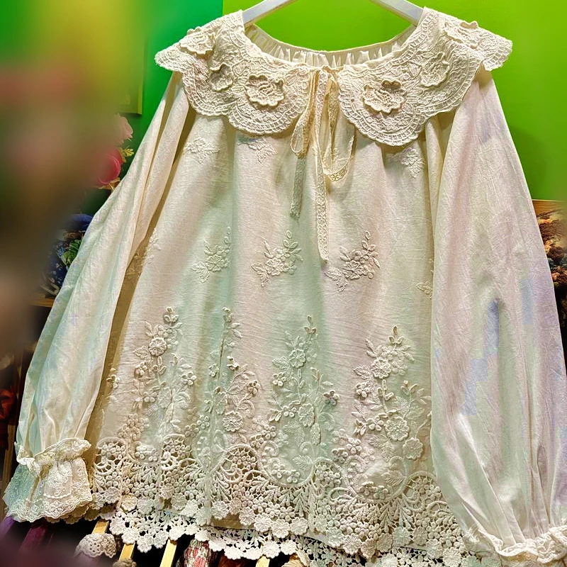 

Vintage Shabby Chic Lace Victorian Rococo Edwardian Autumn Long Sleeve Shirt for Women 2025 Retro Mori Girl Sweet Lolita Blouse