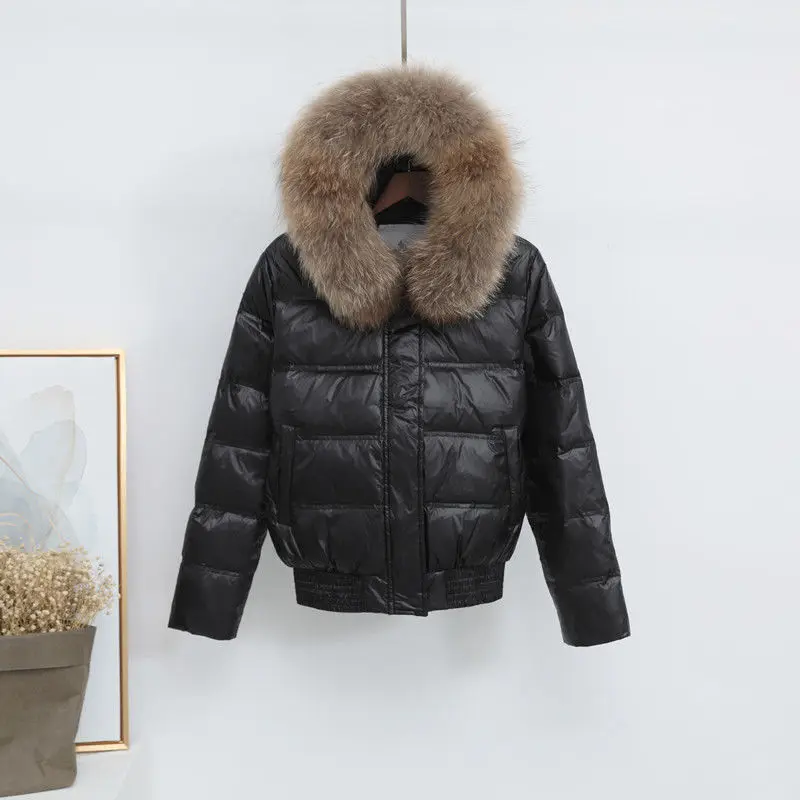 Women\'s hooded down jacket leather collar white eiderdown down jacket tight warm slim fashion outdoor comfort Short style coat