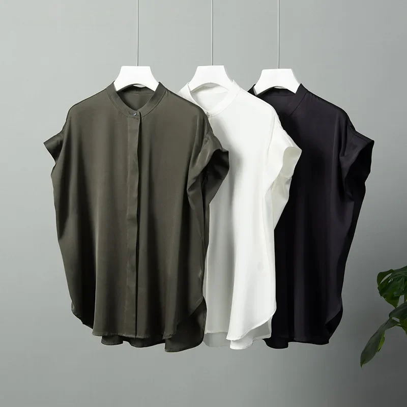 Heavyweight Silk Standing Collar Shirt For Women New French Shirt Short Sleeved Commuting Mulberry Silk Top Summer