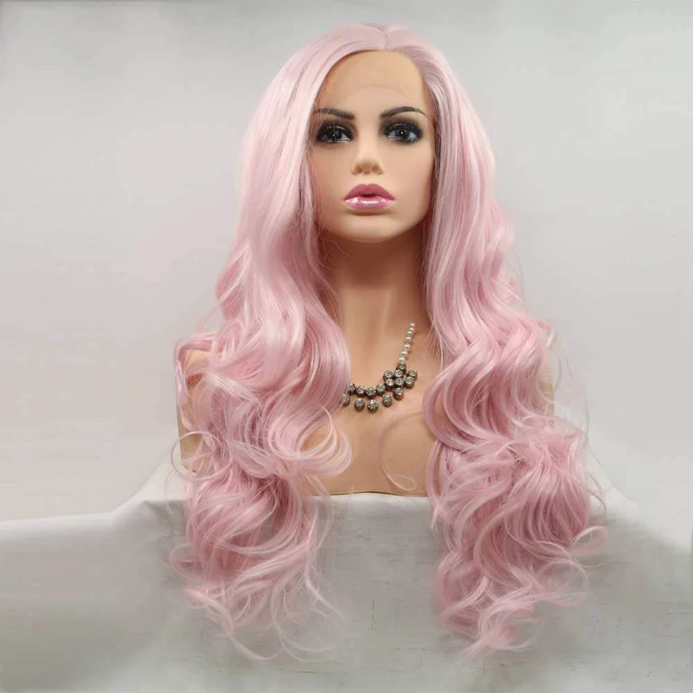 Pink Front Lace Wigs Body Waves Natural Deep Mid Part Wavy Wig 24 Inches Glueless Synthetic Heat Resistant Fiber Fashion Cosplay