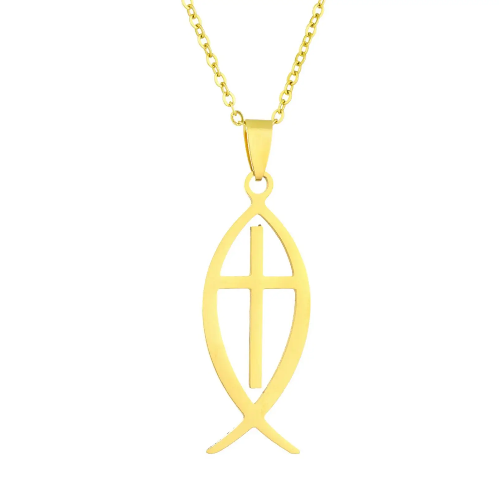 Ichthys Fisch-Kreuz-Halskette, Jesus-Fisch-Symbol-Anhänger, Edelstahlschmuck, Geschenk für Männer und Frauen – Detail 1