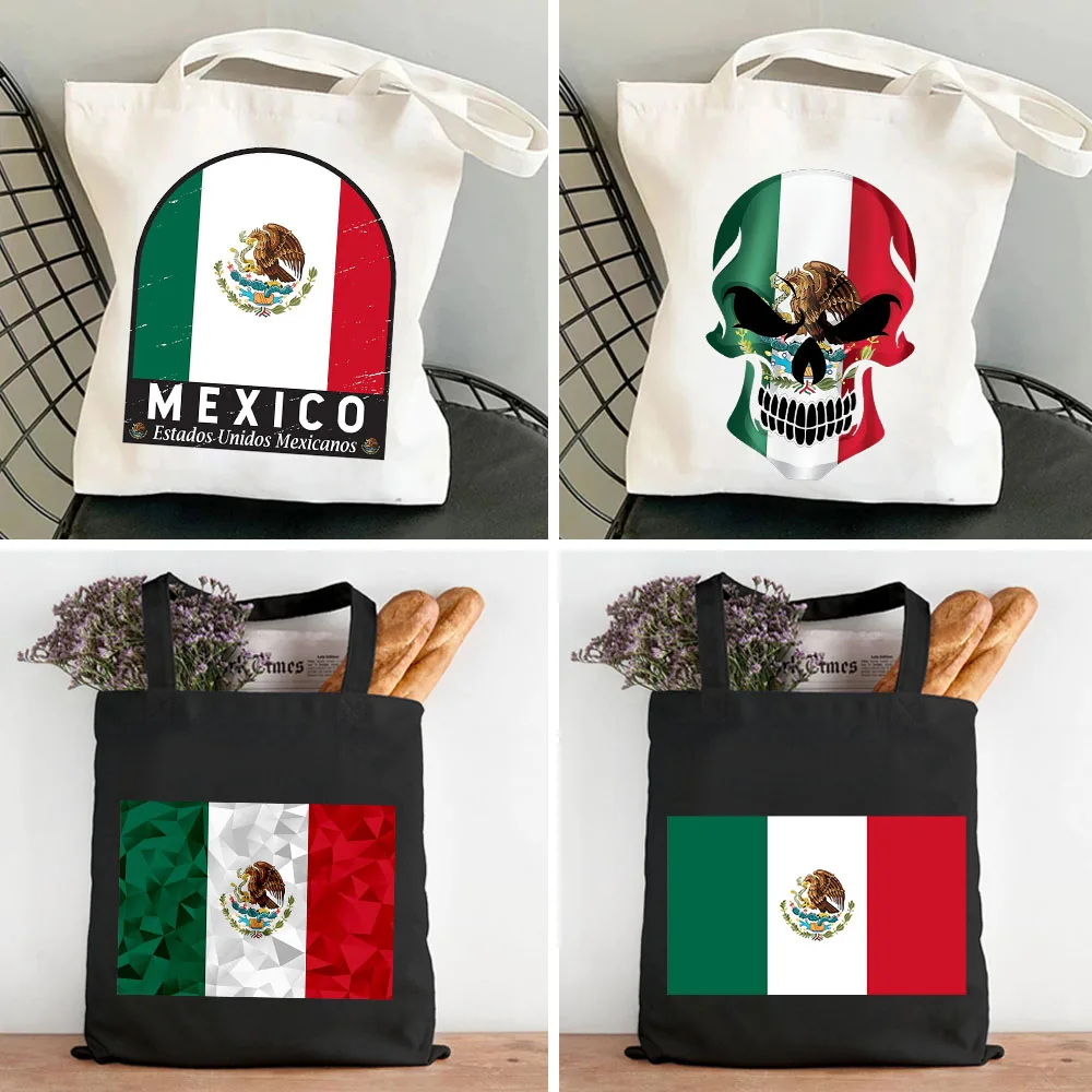 

Skull Mexico Flag Emblem Distressed Vintage Mexican Ink Painting Women Canvas Shopper Handbags Totes Shoulder Eco Shopping Bags