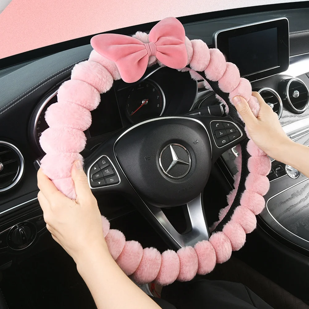 Car Soft Fluffy Steering Wheel Cover Bow Design Winter Warm Steering Wheel Cover Decor For Women's Auto Interior Accessories