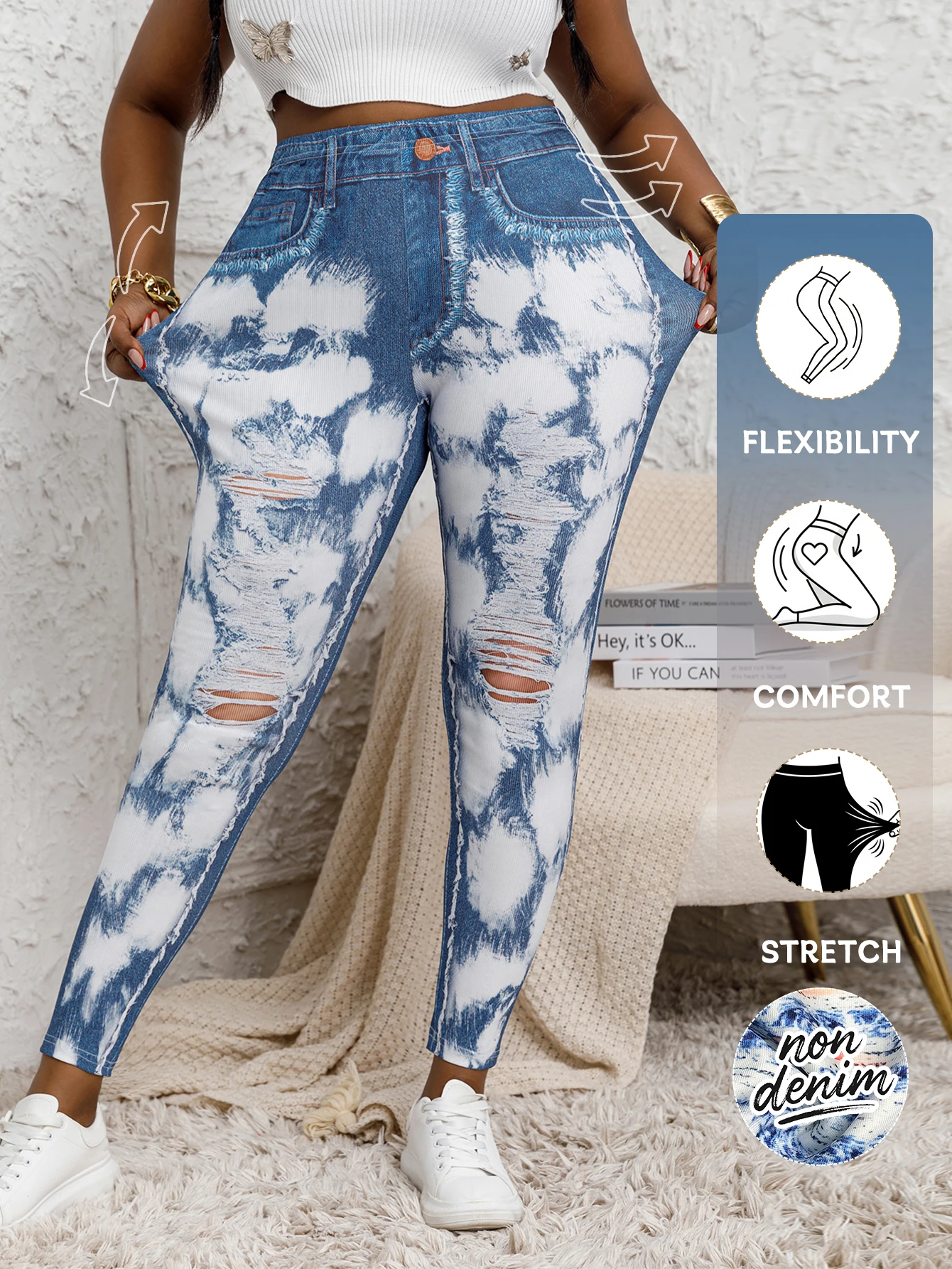Non-Denim Plus Size Tie-Dye Ripped Skinny Pants Women's Casual Imitation Denim with Decorative Details Bottoms