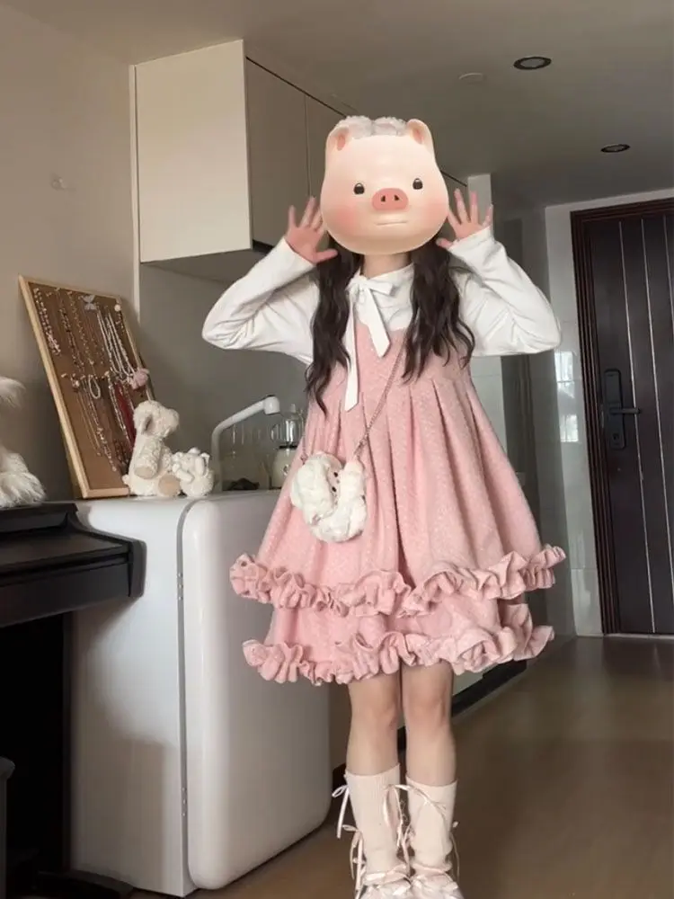 اليابانية الحلو لوليتا فستان 2 قطعة مجموعة Preppy نمط الدانتيل كم طويل القوس س الرقبة كشكش Kawaill فضفاض أضعاف تي شيرت 2025 الخريف