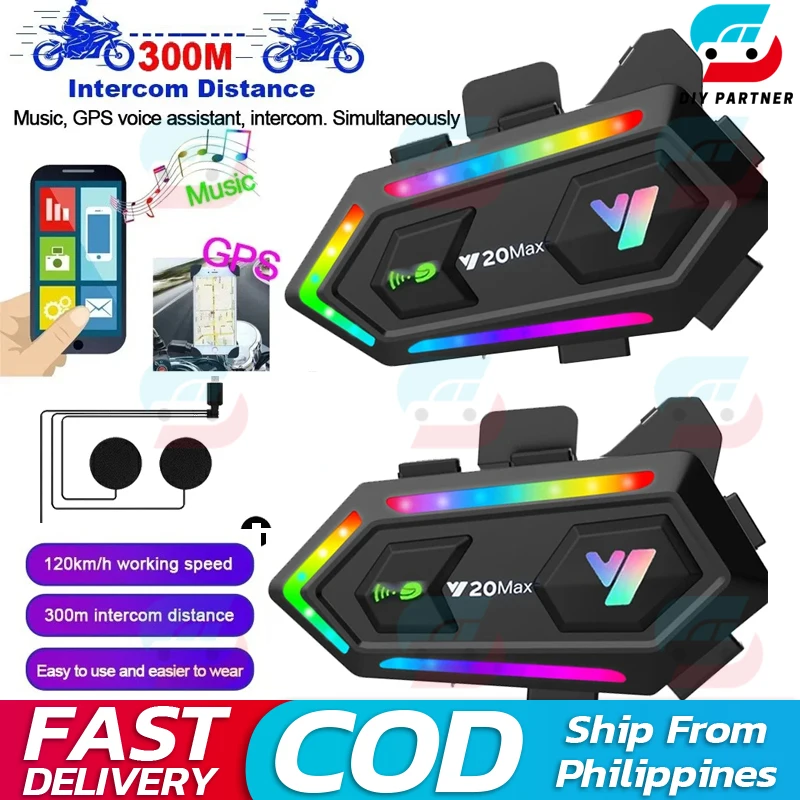 

Y20 MAX Motorcycle Helmet Bluetooth Headset Intercom With Mixing V5.3 IPX6 Waterproof RGB Colorful Light Effect 1000mAh Battery