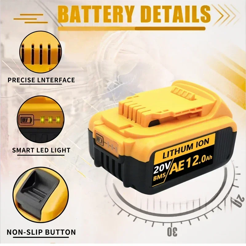 For DEWEI 20V 12000mAh Rechargeable Power Tools Battery with LED Li-ion Replacement DCB205 DCB204-2 DCB206