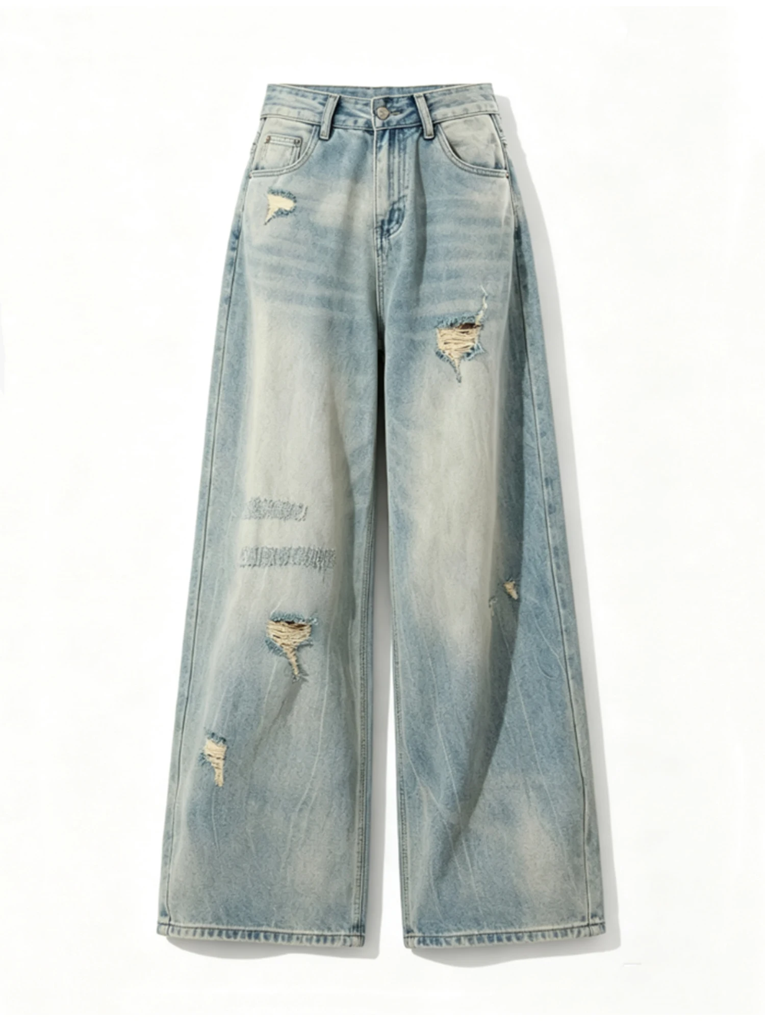 Women Blue Y2k Ripped Jeans Vintage Harajuku Grunge Oversize Washed Denim Trousers Baggy Wide Leg Long Pants Alternative Clothes