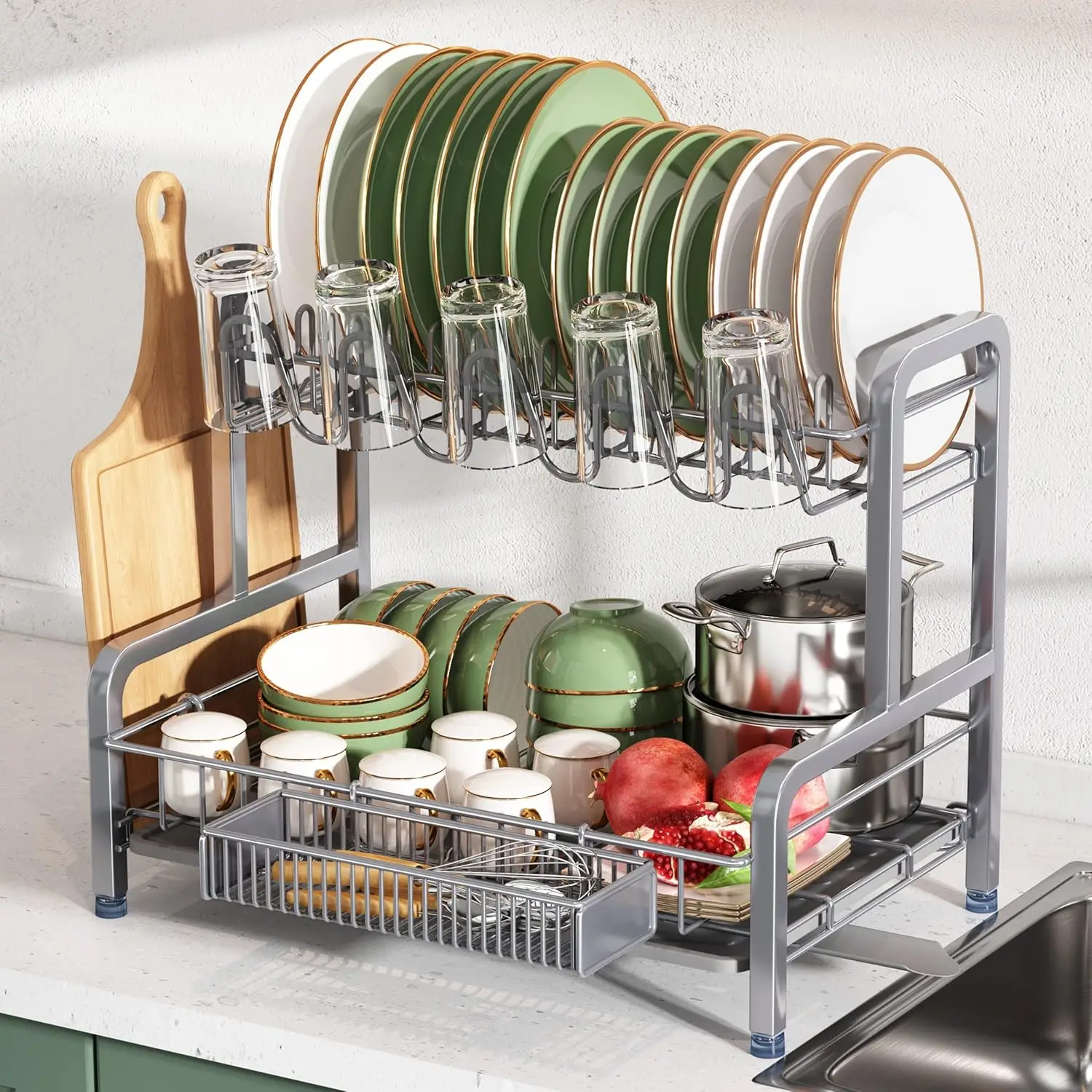 

Dish Drying Rack and Drainboard Set, 2 Tier Large Stainless Steel Sink Organizer Dish Racks with Cups Holder, Utensil Holder