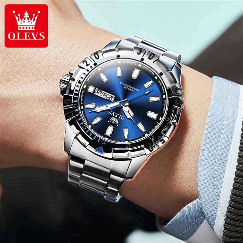 OLEVS-Montres à quartz étanches pour hommes, affichage du calendrier des touristes, bracelet en acier inoxydable, marque de luxe, tendance de la mode, 5560