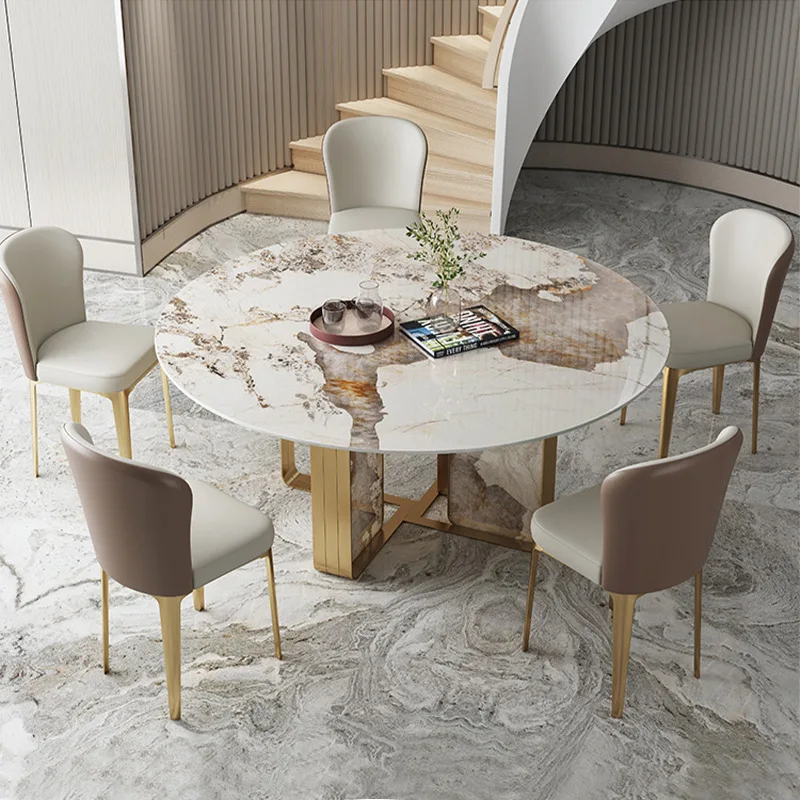 

Light luxury stainless steel titanium rock slab large round table large and small apartment household bright 10 people round din